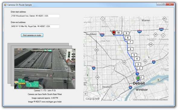 Screenshot of Cameras on Route sample application.