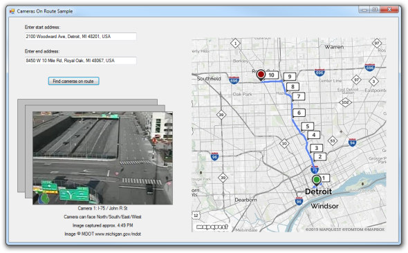 Screenshot of Cameras on Route sample application