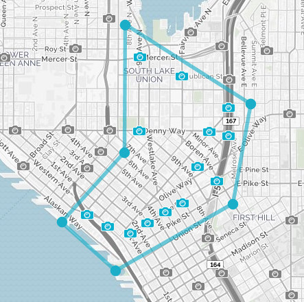 A map showing camera icons that has had a polygon drawn on it.