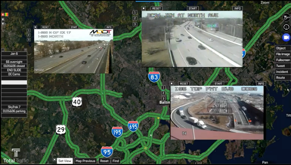 A T3 map visualization showing cameras alongside traffic flow data.